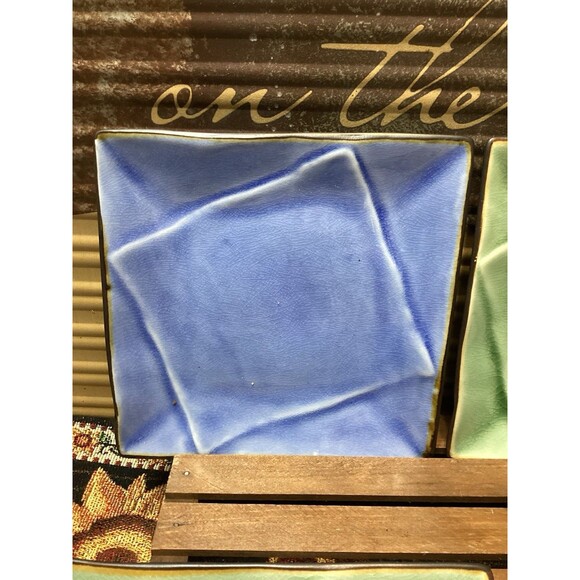 Pier 1 Discontinued Crackle Sushi Square Dishes Plates Set Of 4 Blue & Green - Picture 5 of 10